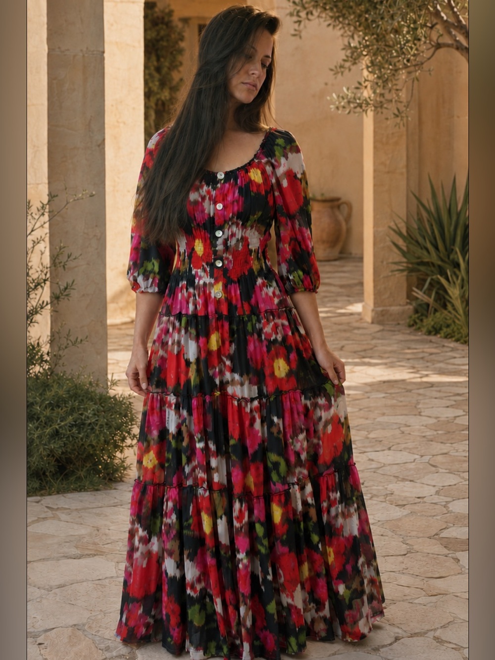 NWT Figueroa & Flower Vibrant Brushstroke Smocked Boho Maxi Dress w/ Slip L